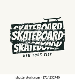 Vector illustration on the theme of skateboarding and skateboard in New York City. Vintage design. Grunge background. Sport typography, t-shirt graphics, poster, print, postcard