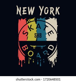 Vector illustration on the theme of skateboarding and skateboard in New York City. Vintage design. Grunge background. Sport typography, t-shirt graphics, poster, print, postcard