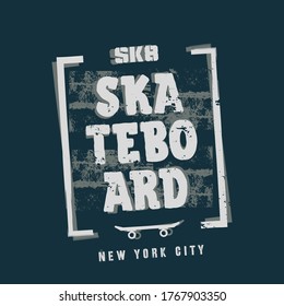 Vector illustration on the theme of skateboarding and skateboard in New York City. Vintage design. Grunge background. Sport typography, t-shirt graphics, poster, print, postcard