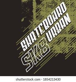 Vector illustration on the theme of skateboarding and skateboard. Vintage design. Grunge background. Sport typography, t-shirt graphics, poster, print, postcard