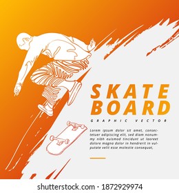 Vector illustration on the theme of skateboarding and skateboard. Vector drawn by lines. Minimal cover design. Creative line-art. Vector template