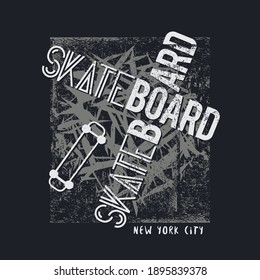 Vector illustration on the theme of skateboarding and skateboard in New York City. Vintage design. Grunge background. Sport typography, t-shirt graphics, poster, print, postcard