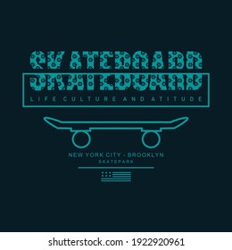 Vector illustration on the theme of skateboarding and skateboard in New York City. Sport typography, t-shirt graphics, poster, print, postcard