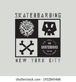 Vector illustration on the theme of skateboarding and skateboard in New York City.  Skull typography, t-shirt graphics, poster, print, postcard