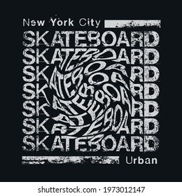 Vector illustration on the theme of skateboarding and skateboard in New York City. Vintage design. Grunge background. Sport typography, t-shirt graphics, poster, print, postcard