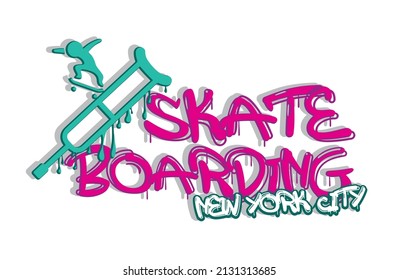 Vector illustration on the theme of skateboarding and skateboard in New York City. Street art design. Sport typography, t-shirt graphics, poster, print, postcard