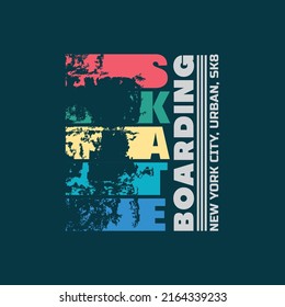 Vector illustration on the theme of skateboarding and skateboard in New York City. Vintage design. Grunge background. Typography, t-shirt graphics, poster, print, postcard