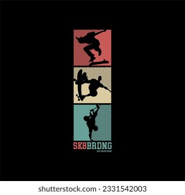 Ilustración vectorial sobre el tema del skateboarding y el skateboard en la ciudad de Nueva York. Diseño de época. Borde de fondo. Tipografía, gráficos de camisetas, impresión, afiche, pancarta, volante, postal - Vecto