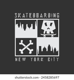 Vector illustration on the theme of skateboarding and skateboard in New York City. Skull typography, t-shirt graphics, poster, print, postcard