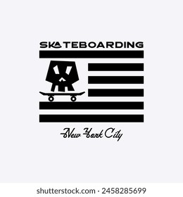 Vector illustration on the theme of skateboarding and skateboard in New York City. American flag. Skull typography, t-shirt graphics, poster, print, postcard