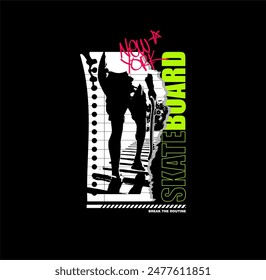 Vector illustration on the theme of skateboarding and skateboard in New York Vintage design. Grunge background. Typography, t-shirt graphics, print, 