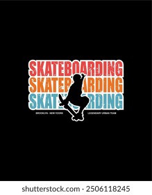Vector illustration on the theme of skateboarding and skateboard in USA. Vintage design. Grunge background. Typography, t-shirt graphics, print, 