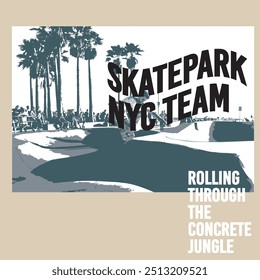 Ilustração vetorial sobre o tema skate e skate na cidade de Nova York. Design antigo. Fundo grunge. Tipografia desportiva, gráficos de t-shirt,