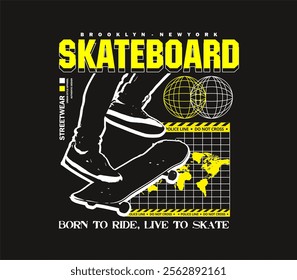 Vector illustration on the theme of skateboarding with a skateboarder graphic. Perfect for t-shirt graphics, posters, prints, urban design, streetwear, hoodie, and more