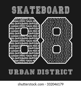 Vector illustration on the theme of skateboarding. Typography, t-shirt graphics, poster, banner, flyer, postcard