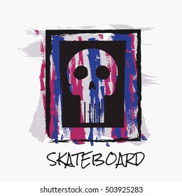Vector illustration on the theme of skateboarding and skateboard. Graffiti design. Grunge background. Skull typography, t-shirt graphics, poster, print, banner, flyer, postcard

