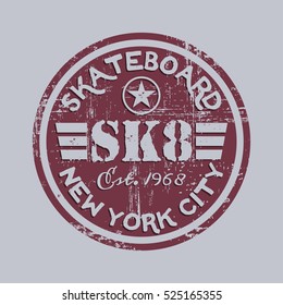 Vector illustration on the theme of skateboarding and skateboard in New York City. Vintage design. Grunge background. Stamp typography, t-shirt graphics, poster, print; postcard