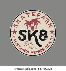 Vector illustration on the theme of skateboarding and skateboard in California, Venice beach. Vintage design. Grunge background. Stamp typography, t-shirt graphics, poster, print; postcard