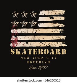 Vector illustration on the theme of skateboarding and skateboard in New York City, Brooklyn. Stylized American flag. Grunge background.  Typography, t-shirt graphics, poster, print, postcard