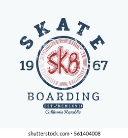 Vector illustration on the theme of skateboarding and skateboard in California. Vintage design. Grunge background. Stamp typography, t-shirt graphics, poster, print, postcard