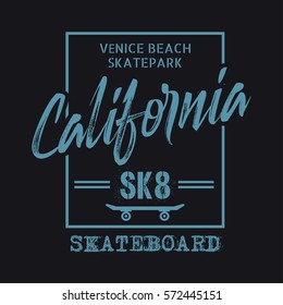 Vector illustration on the theme of skateboarding and skateboard in California, Venice beach. Sport typography, t-shirt graphics, poster, print, postcard