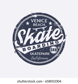 Vector illustration on the theme of skateboarding and skateboard in California, Venice beach. Vintage design. Grunge background. Stamp typography, t-shirt graphics, poster, print, postcard