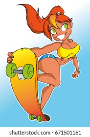 Vector illustration on the theme of skateboarding. Beautiful girl on a skateboard with a charming smile performs a stunt on the ramp
