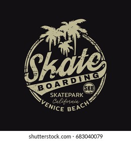 Vector illustration on the theme of skateboarding and skateboard in California, Venice beach. Vintage design. Grunge background. Stamp typography, t-shirt graphics, poster, print, postcard