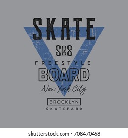 Vector illustration on the theme of skateboarding and skateboard in New York City, Brooklyn. Vintage design. Grunge background. Typography, t-shirt graphics, poster, print, postcard