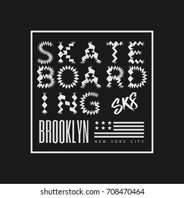Vector illustration on the theme of skateboarding and skateboard in New York City, Brooklyn. Stylized American flag.   Typography, t-shirt graphics, poster, print, postcard