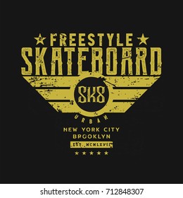 Vector illustration on the theme of skateboarding and skateboard in New York City, Brooklyn. Vintage design.  Grunge background. Typography, t-shirt graphics, poster, print, postcard