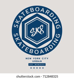 Vector illustration on the theme of skateboarding and skateboard in New York City. Stamp typography, t-shirt graphics, poster, print, postcard