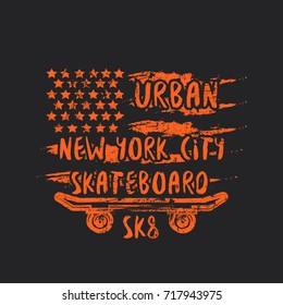 Vector illustration on the theme of skateboarding and skateboard in New York City, Brooklyn. Stylized American flag. Grunge background.  Typography, t-shirt graphics, poster, print, postcard