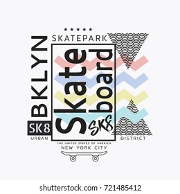 Ilustración vectorial sobre el tema del skateboarding y el skateboard en Nueva York, Brooklyn.  Tipografía, gráficos para camisetas, póster, impresión, postal