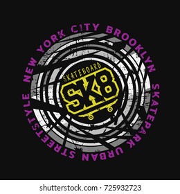 Vector illustration on the theme of skateboarding and skateboard in New York City, Brooklyn. Grunge background. Stamp typography, t-shirt graphics, poster, print, postcard