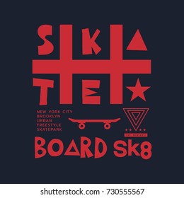 Vector illustration on the theme of skateboarding and skateboard in New York City, Brooklyn.  Typography, t-shirt graphics, poster, print, postcard