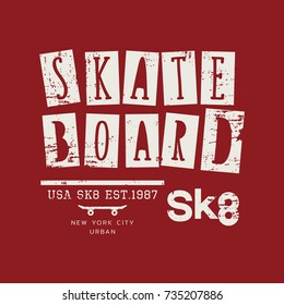 Vector illustration on the theme of skateboarding and skateboard in New York City, Brooklyn. Vintage design. Grunge background. Typography, t-shirt graphics, poster, print, postcard
