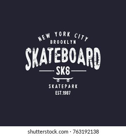 Vector illustration on the theme of skateboarding and skateboard in New York City, Brooklyn. Vintage design. Grunge background. Stamp typography, t-shirt graphics, poster, print, postcard