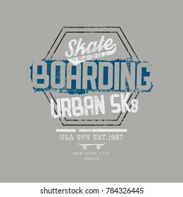 Vector illustration on the theme of skateboarding and skateboard in New York City, Brooklyn. Vintage design. Grunge background. Stamp typography, t-shirt graphics, poster, print, postcard