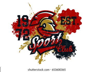 Vector illustration on the theme of a soldier of the Roman army. The head of the gladiator, the helmet of the Romans. Grunge effect, text, lettering. Typography, T-shirt graphics, print, poster.