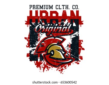Vector illustration on the theme of a soldier of the Roman army. The head of the gladiator, the helmet of the Romans. Grunge effect, text, lettering. Typography, T-shirt graphics, print, poster.