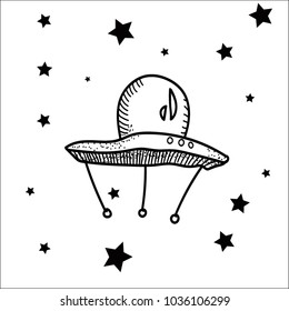 Vector illustration on a theme of space. Sputnik, ship of a UFO on a white background with stars.