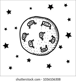 Vector illustration on a theme of space. Planet Moon with craters on a white background with stars.