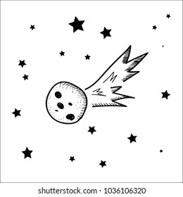 Vector illustration on a theme of space. A flying comet with a tail and stars on a white background.
