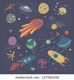 Vector illustration on the theme of space, in soft colors, with stars, comets , planets and rockets . Hand drawn, simple flat style. 