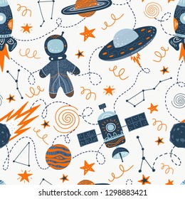 Vector illustration on the theme of space travel and adventure. Hand drawing seamless doodle pattern. Milky Way, galaxy, rocket, ufo, astronaut, space satellite and stars. Image for t-shirt, postcard