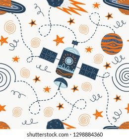 Vector illustration on the theme of space travel. Hand drawing seamless doodle pattern. The Milky Way, galaxy, rocket, ufo, astronaut, space satellite and stars. Image for t-shirt postcard