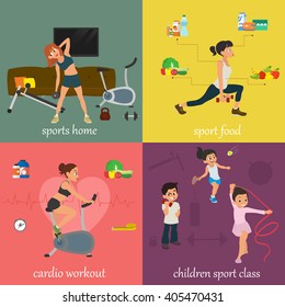 Vector illustration on the theme of sports and fitness. children are engaged in the sport class. Woman engaged in fitness. women involved in fitness at home and in the gym. sports food.