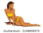 vector illustration on the theme of summer holidays. beautiful young tanned girl in a yellow bikini sunbathes on the beach. useful for advertising summer vacations, resorts, hotels, beaches, print
