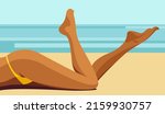 vector illustration on the theme of summer holidays. beautiful long slender legs of a young tanned woman who lies, rests and sunbathes on the beach. useful for advertising summer vacations, resorts